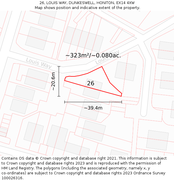 26, LOUIS WAY, DUNKESWELL, HONITON, EX14 4XW: Plot and title map