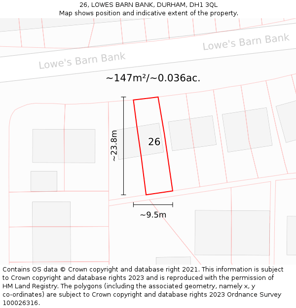 26, LOWES BARN BANK, DURHAM, DH1 3QL: Plot and title map