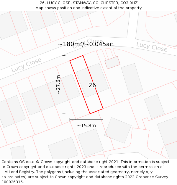 26, LUCY CLOSE, STANWAY, COLCHESTER, CO3 0HZ: Plot and title map