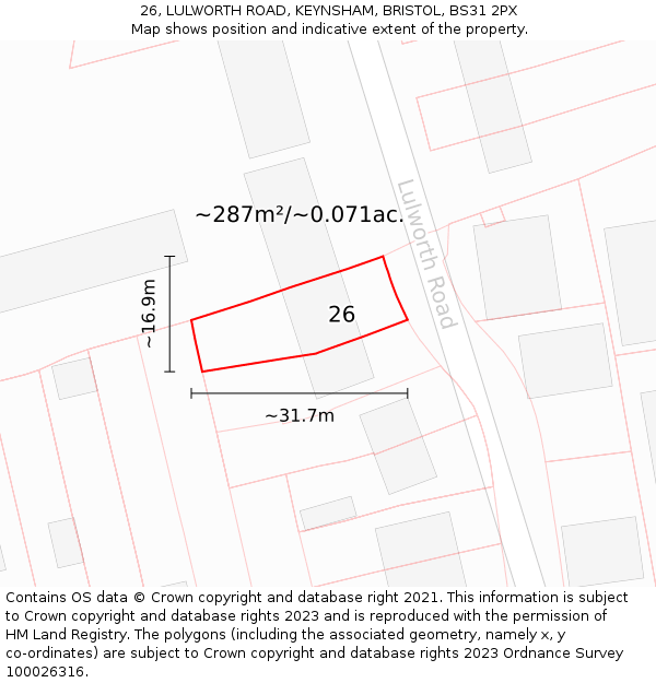 26, LULWORTH ROAD, KEYNSHAM, BRISTOL, BS31 2PX: Plot and title map