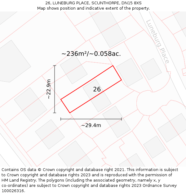 26, LUNEBURG PLACE, SCUNTHORPE, DN15 8XS: Plot and title map
