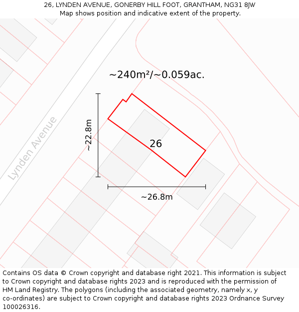 26, LYNDEN AVENUE, GONERBY HILL FOOT, GRANTHAM, NG31 8JW: Plot and title map