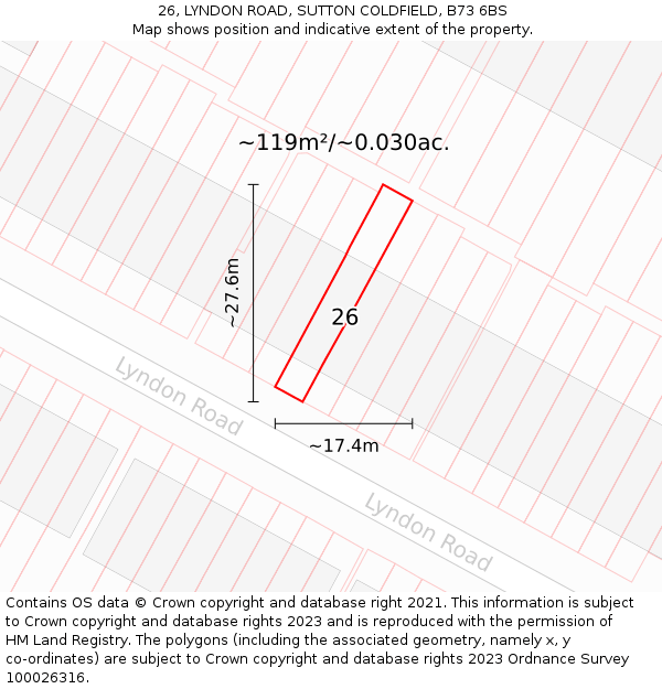 26, LYNDON ROAD, SUTTON COLDFIELD, B73 6BS: Plot and title map