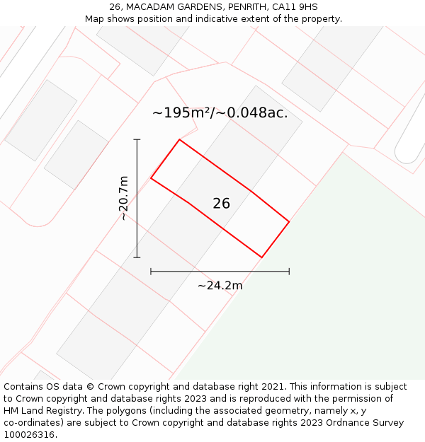 26, MACADAM GARDENS, PENRITH, CA11 9HS: Plot and title map