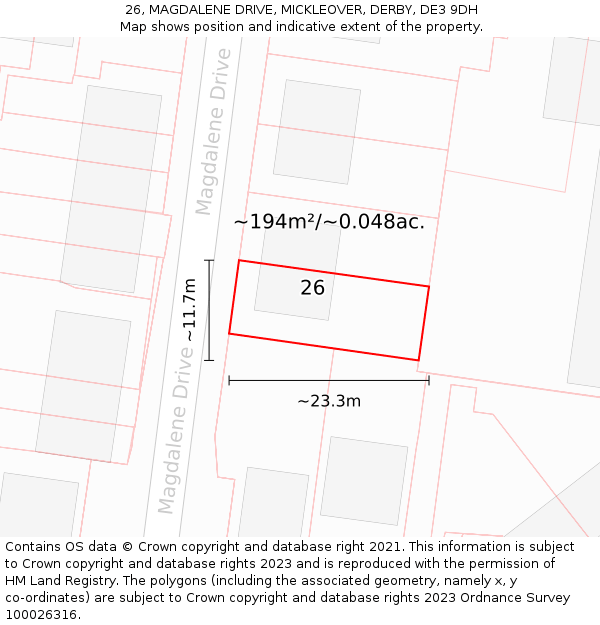 26, MAGDALENE DRIVE, MICKLEOVER, DERBY, DE3 9DH: Plot and title map