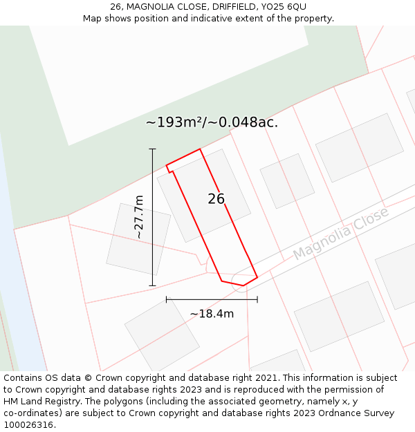 26, MAGNOLIA CLOSE, DRIFFIELD, YO25 6QU: Plot and title map