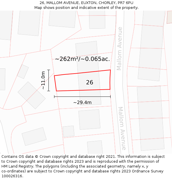 26, MALLOM AVENUE, EUXTON, CHORLEY, PR7 6PU: Plot and title map