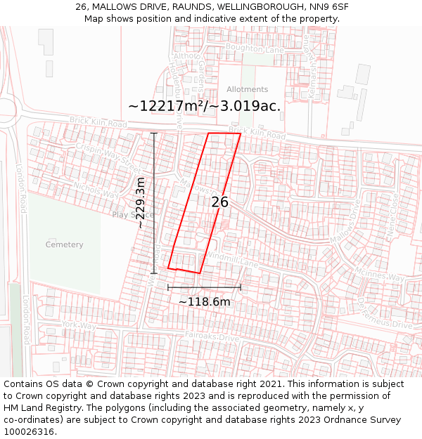 26, MALLOWS DRIVE, RAUNDS, WELLINGBOROUGH, NN9 6SF: Plot and title map