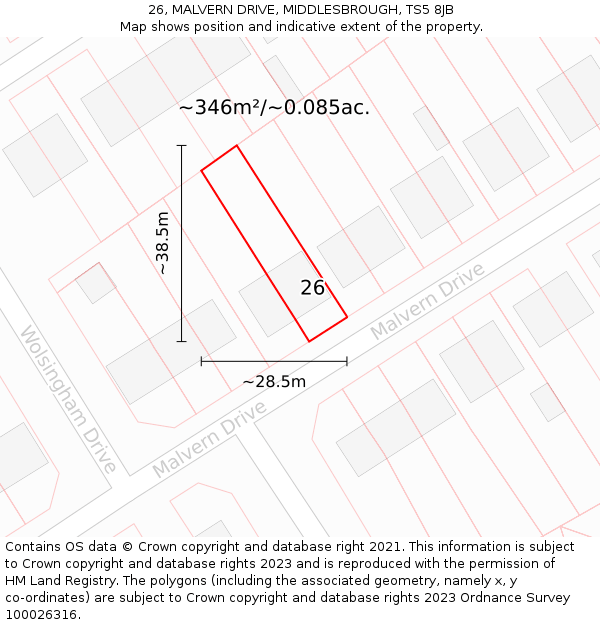 26, MALVERN DRIVE, MIDDLESBROUGH, TS5 8JB: Plot and title map