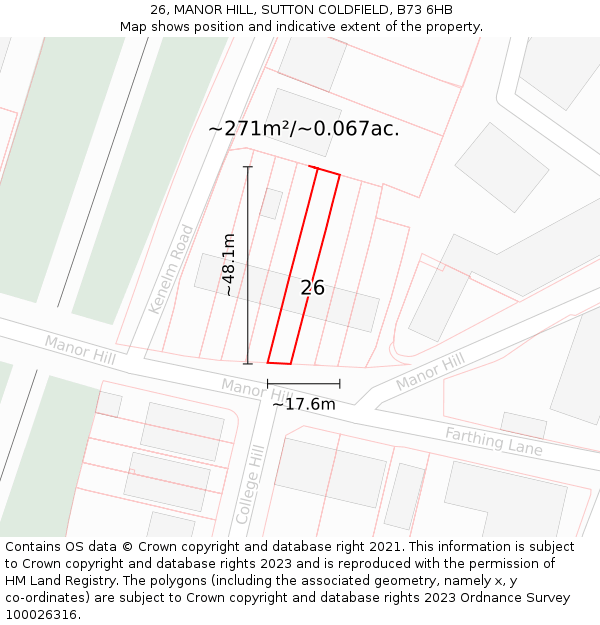 26, MANOR HILL, SUTTON COLDFIELD, B73 6HB: Plot and title map