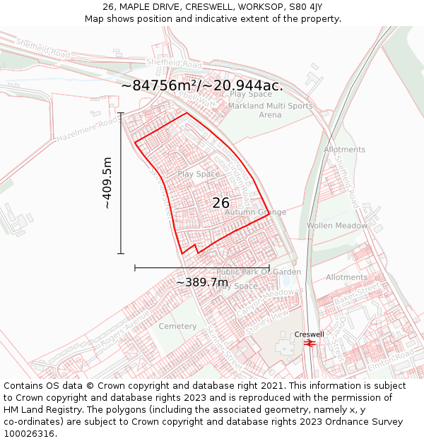 26, MAPLE DRIVE, CRESWELL, WORKSOP, S80 4JY: Plot and title map