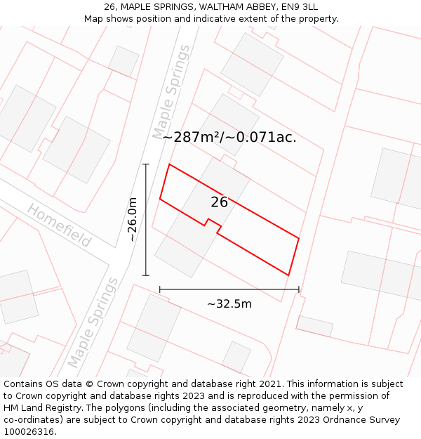 26, MAPLE SPRINGS, WALTHAM ABBEY, EN9 3LL: Plot and title map