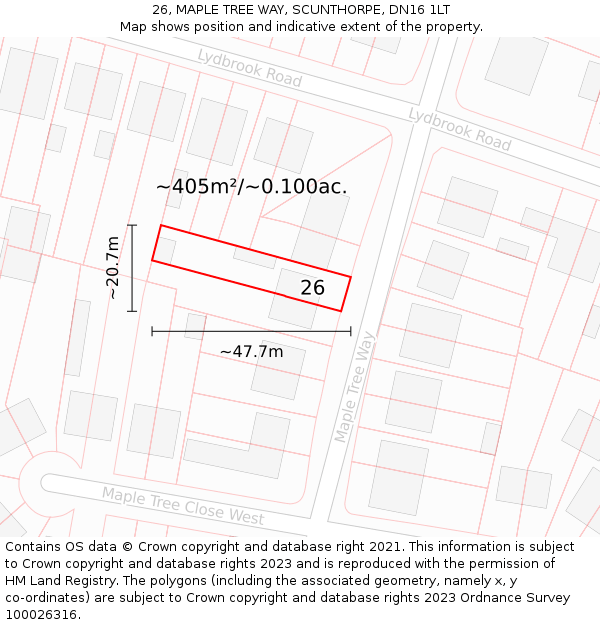 26, MAPLE TREE WAY, SCUNTHORPE, DN16 1LT: Plot and title map