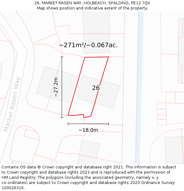 26, MARKET RASEN WAY, HOLBEACH, SPALDING, PE12 7QX: Plot and title map