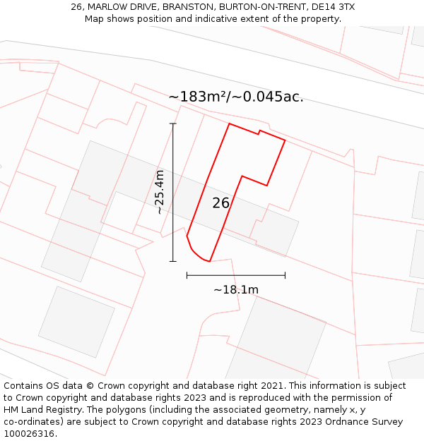 26, MARLOW DRIVE, BRANSTON, BURTON-ON-TRENT, DE14 3TX: Plot and title map