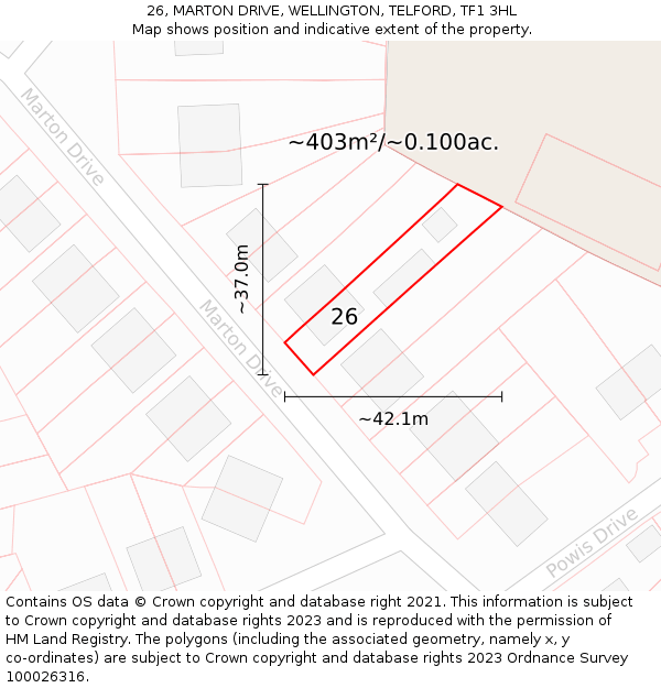 26, MARTON DRIVE, WELLINGTON, TELFORD, TF1 3HL: Plot and title map