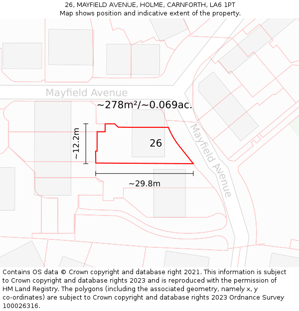 26, MAYFIELD AVENUE, HOLME, CARNFORTH, LA6 1PT: Plot and title map