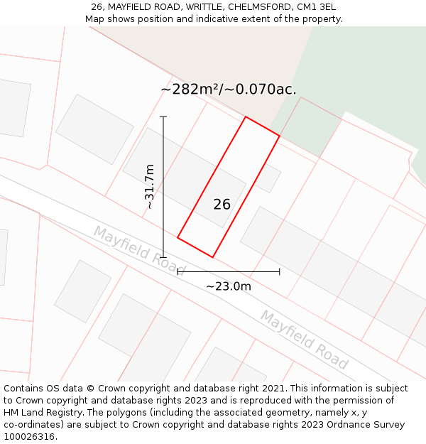 26, MAYFIELD ROAD, WRITTLE, CHELMSFORD, CM1 3EL: Plot and title map
