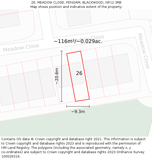 26, MEADOW CLOSE, PENGAM, BLACKWOOD, NP12 3RB: Plot and title map