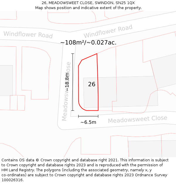 26, MEADOWSWEET CLOSE, SWINDON, SN25 1QX: Plot and title map
