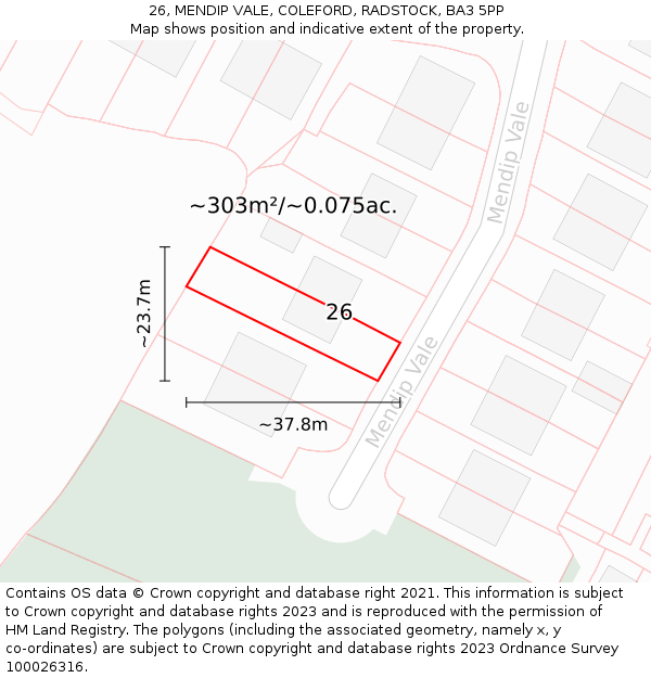 26, MENDIP VALE, COLEFORD, RADSTOCK, BA3 5PP: Plot and title map