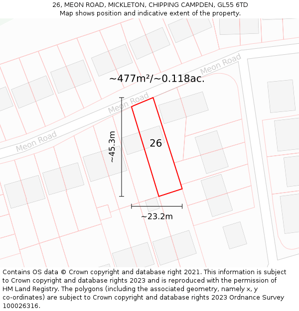 26, MEON ROAD, MICKLETON, CHIPPING CAMPDEN, GL55 6TD: Plot and title map