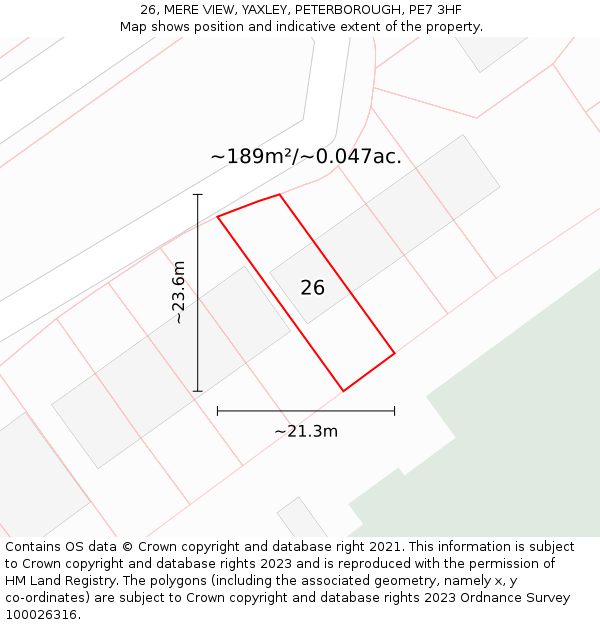 26, MERE VIEW, YAXLEY, PETERBOROUGH, PE7 3HF: Plot and title map