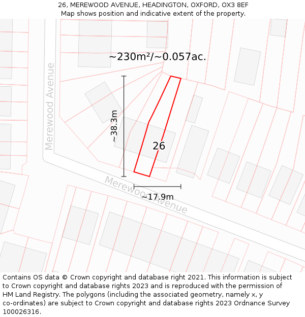 26, MEREWOOD AVENUE, HEADINGTON, OXFORD, OX3 8EF: Plot and title map