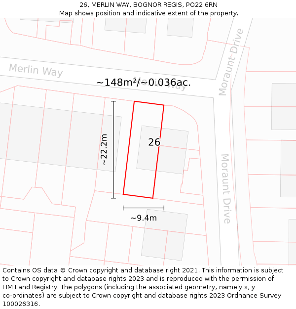 26, MERLIN WAY, BOGNOR REGIS, PO22 6RN: Plot and title map