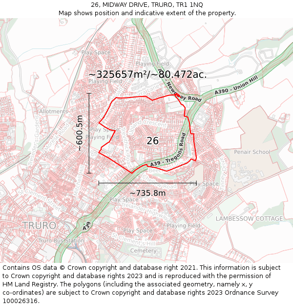 26, MIDWAY DRIVE, TRURO, TR1 1NQ: Plot and title map