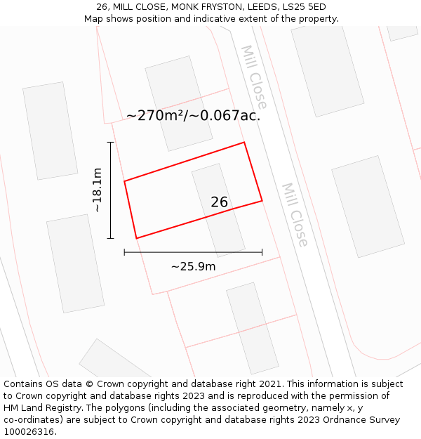 26, MILL CLOSE, MONK FRYSTON, LEEDS, LS25 5ED: Plot and title map