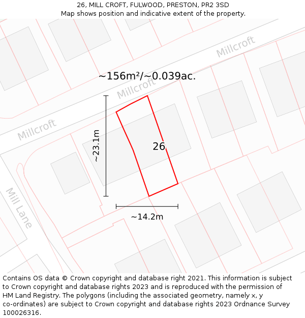 26, MILL CROFT, FULWOOD, PRESTON, PR2 3SD: Plot and title map