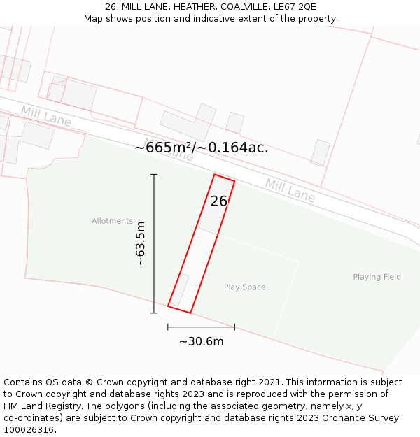 26, MILL LANE, HEATHER, COALVILLE, LE67 2QE: Plot and title map