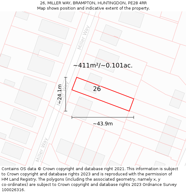26, MILLER WAY, BRAMPTON, HUNTINGDON, PE28 4RR: Plot and title map