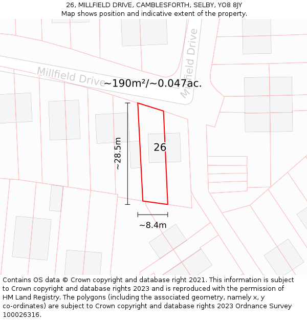 26, MILLFIELD DRIVE, CAMBLESFORTH, SELBY, YO8 8JY: Plot and title map