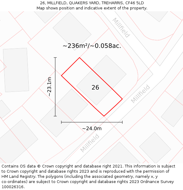 26, MILLFIELD, QUAKERS YARD, TREHARRIS, CF46 5LD: Plot and title map