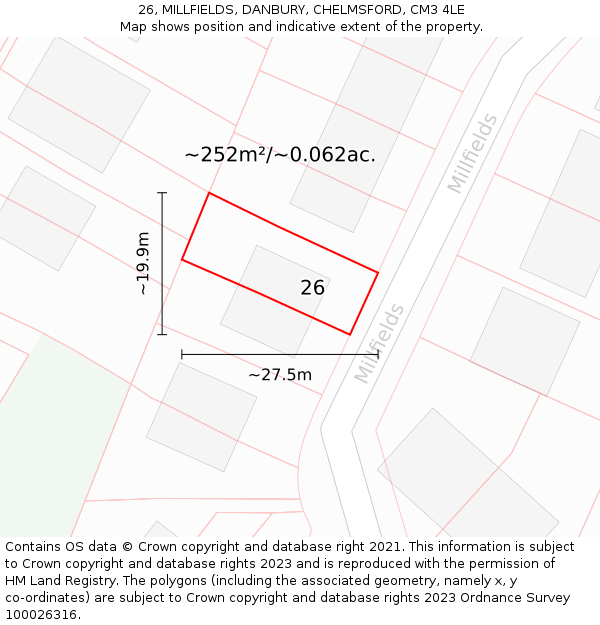 26, MILLFIELDS, DANBURY, CHELMSFORD, CM3 4LE: Plot and title map