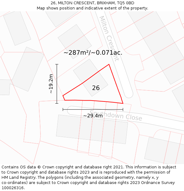 26, MILTON CRESCENT, BRIXHAM, TQ5 0BD: Plot and title map
