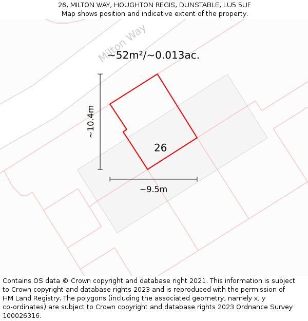 26, MILTON WAY, HOUGHTON REGIS, DUNSTABLE, LU5 5UF: Plot and title map