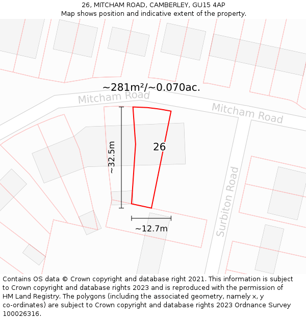 26, MITCHAM ROAD, CAMBERLEY, GU15 4AP: Plot and title map