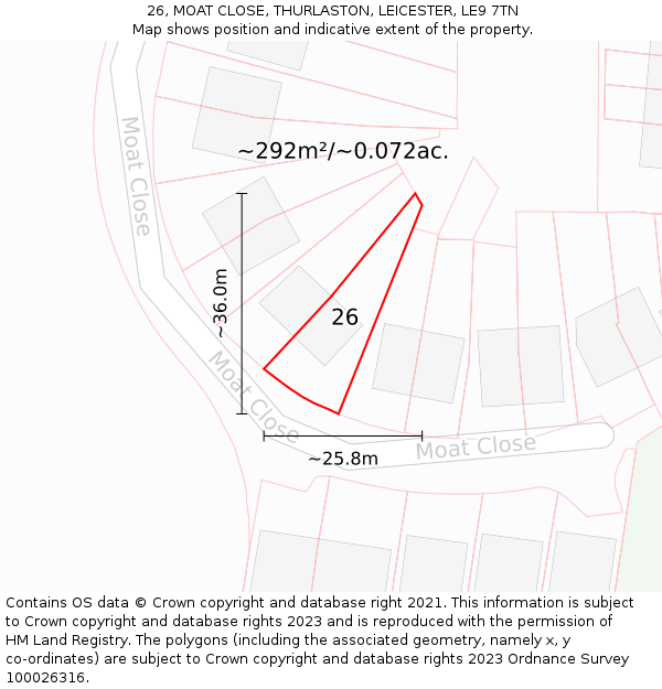 26, MOAT CLOSE, THURLASTON, LEICESTER, LE9 7TN: Plot and title map