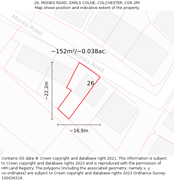 26, MONKS ROAD, EARLS COLNE, COLCHESTER, CO6 2RY: Plot and title map