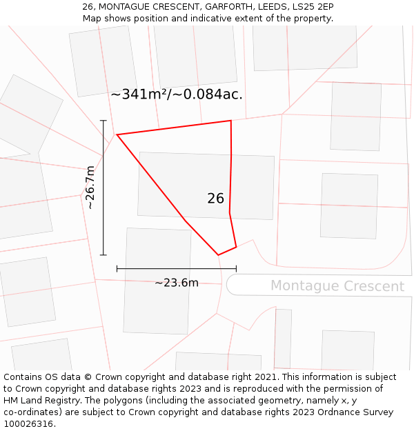 26, MONTAGUE CRESCENT, GARFORTH, LEEDS, LS25 2EP: Plot and title map
