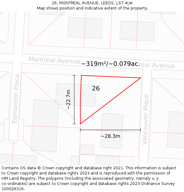 26, MONTREAL AVENUE, LEEDS, LS7 4LW: Plot and title map