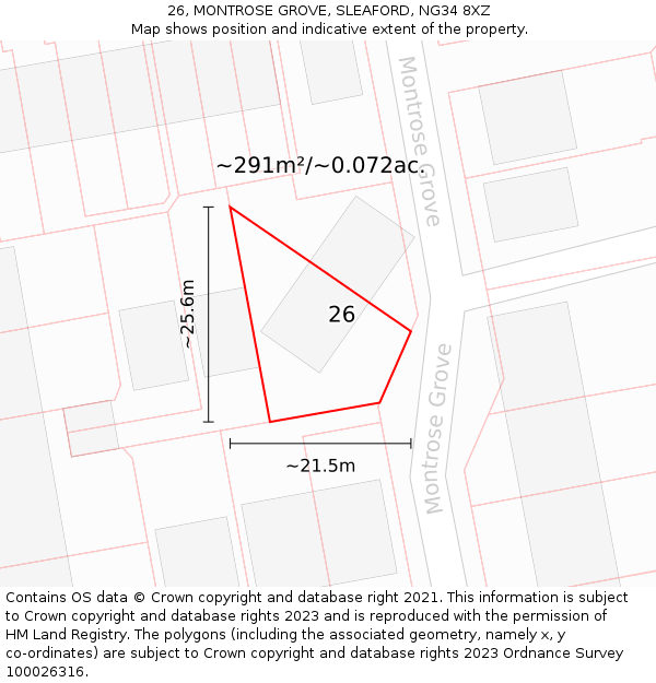 26, MONTROSE GROVE, SLEAFORD, NG34 8XZ: Plot and title map