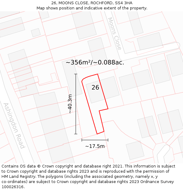 26, MOONS CLOSE, ROCHFORD, SS4 3HA: Plot and title map