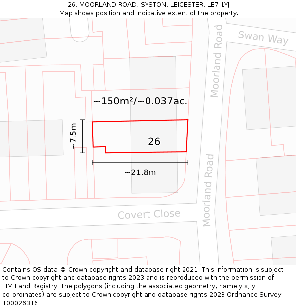 26, MOORLAND ROAD, SYSTON, LEICESTER, LE7 1YJ: Plot and title map