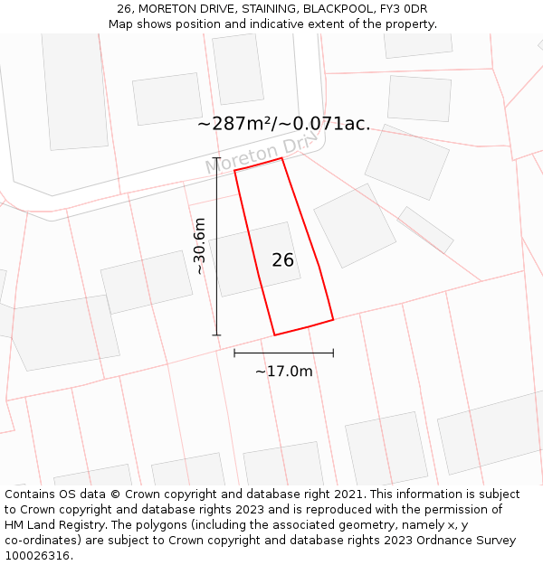 26, MORETON DRIVE, STAINING, BLACKPOOL, FY3 0DR: Plot and title map