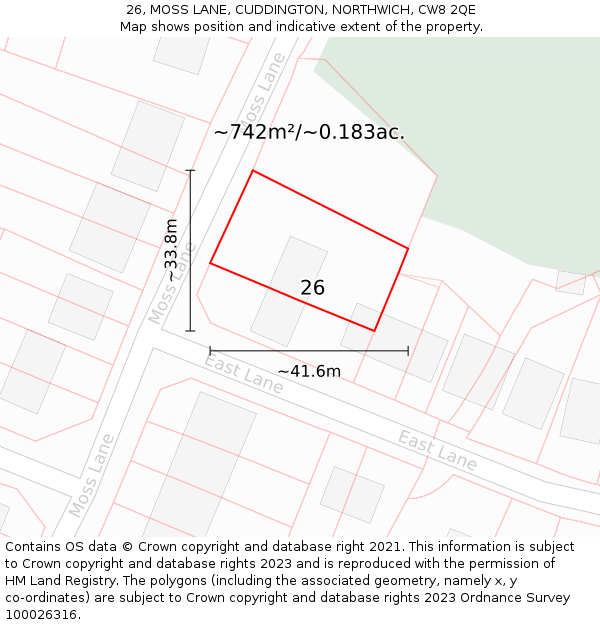 26, MOSS LANE, CUDDINGTON, NORTHWICH, CW8 2QE: Plot and title map