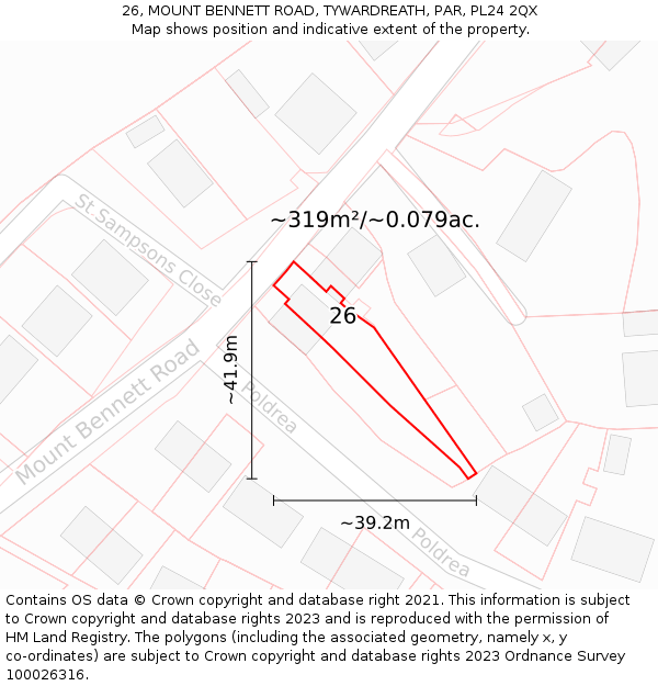 26, MOUNT BENNETT ROAD, TYWARDREATH, PAR, PL24 2QX: Plot and title map